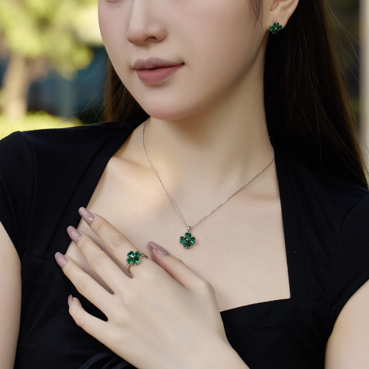 [GALE]Heart-shaped Four-Leaf Clover Ball Ring