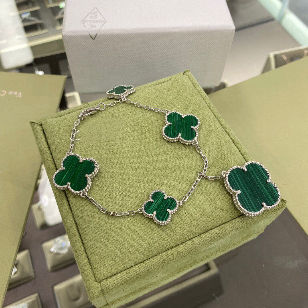 [GALE]CLOVER 5 MOTIFS SIVLER MALACHITE BRACELET