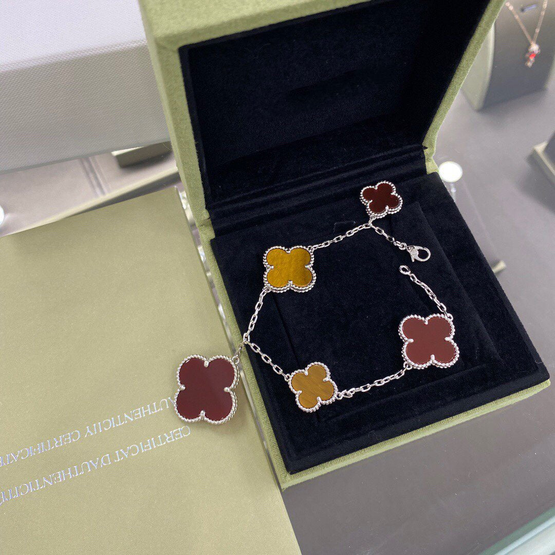 [GALE]CLOVER 5 MOTIFS SIVLER CARNELIAN TIGER EYE BRACELET