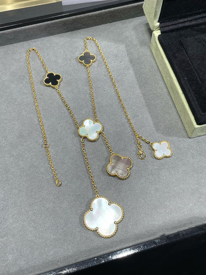 [GALE]CLOVER 6 MOTIF MOP ONYX GOLD NECKLACE 