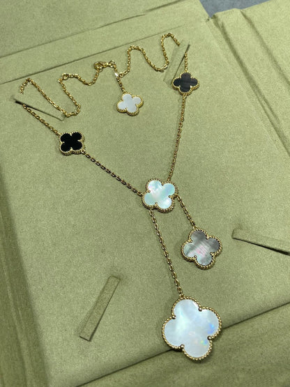 [GALE]CLOVER 6 MOTIF MOP ONYX GOLD NECKLACE 