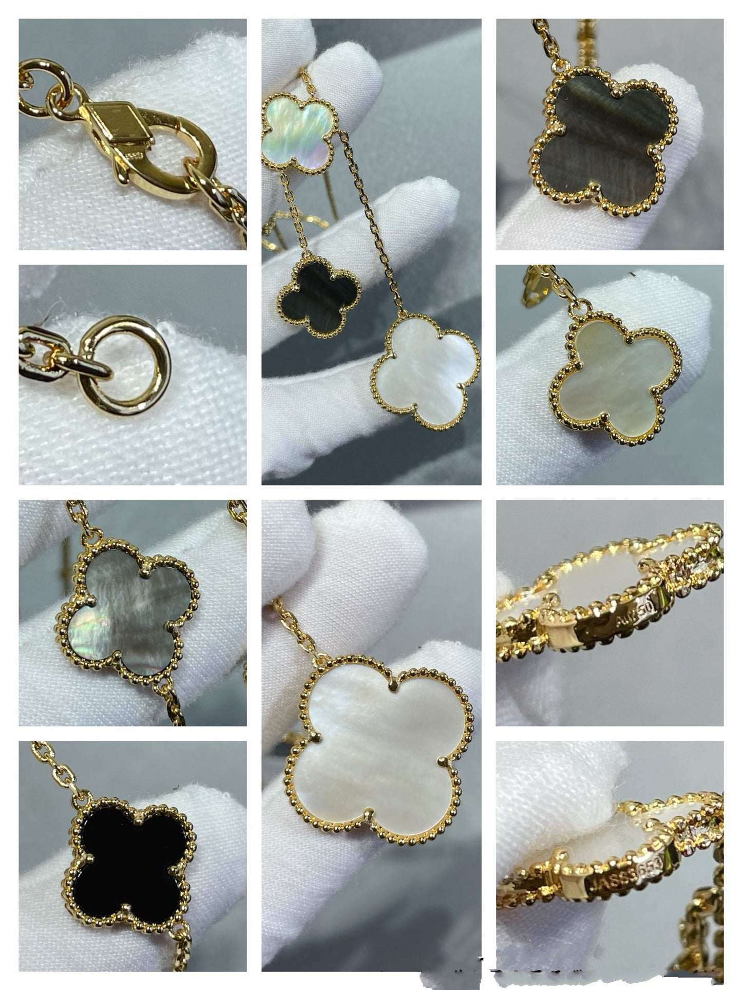 [GALE]CLOVER 6 MOTIF MOP ONYX GOLD NECKLACE 