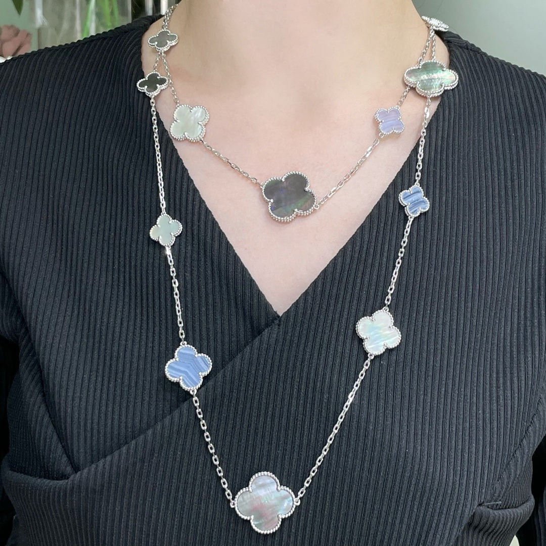 [GALE]CLOVER 16 MOTIF CHALCEDONY MOP SILBER HALSKETTE
