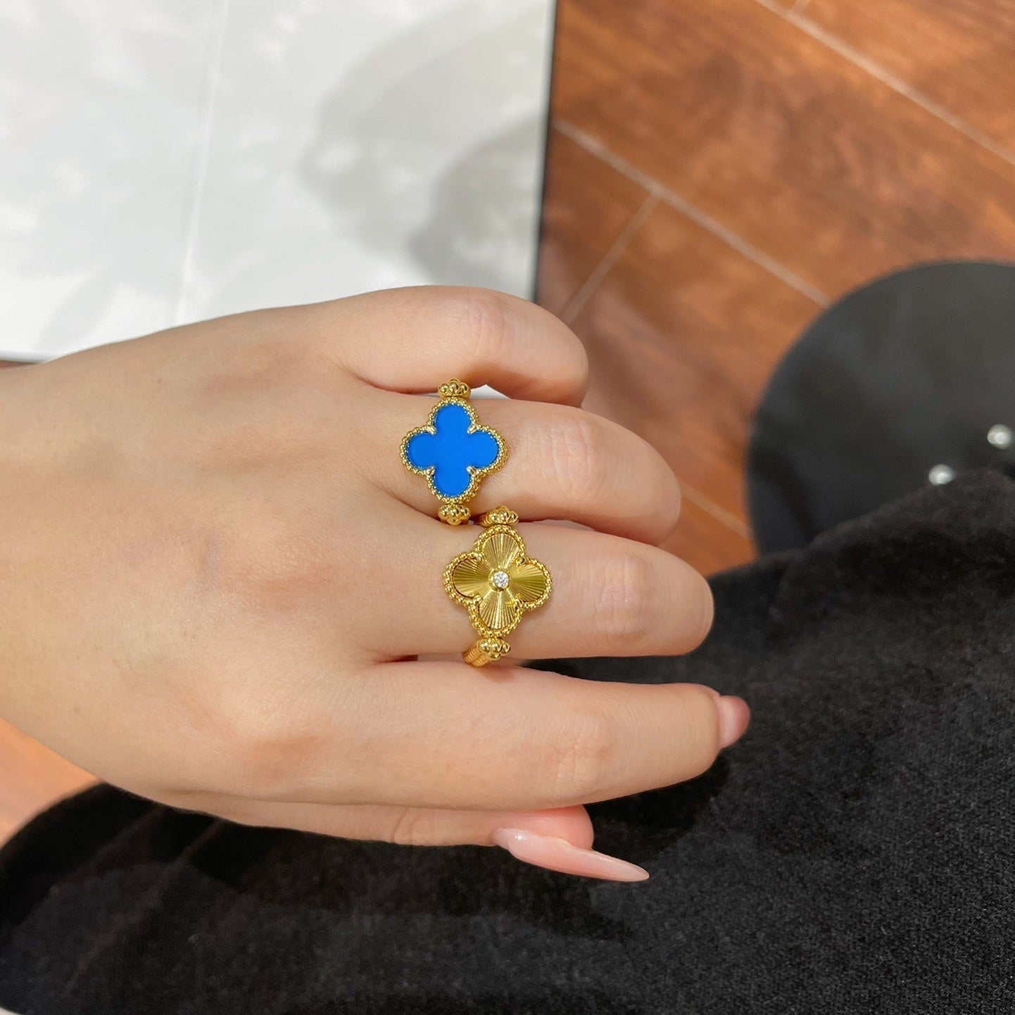 [ゲイル]クローバー リバーシブル ブルーアゲート リング