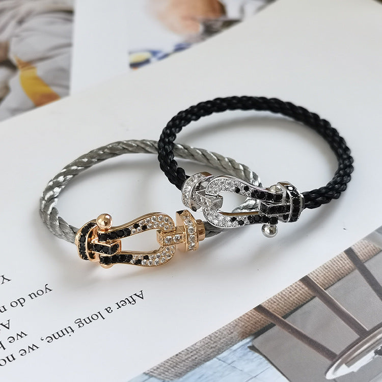 [GALE]FORCE LARGE HORSESHOE BLACK WHITE DIAMOND BRACELET SILVER