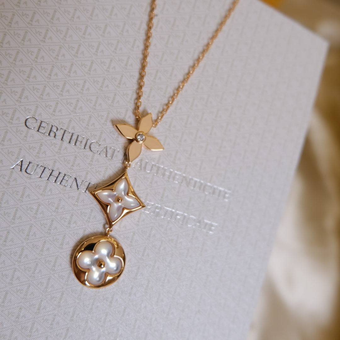 [GALE]COLOR BLOSSOM LARIAT-HALSKETTE ROSA GOLD WEISSE PERLE UND DIAMANT