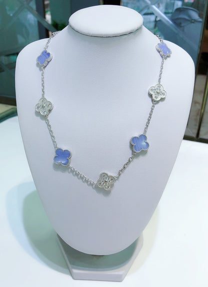 [GALE]CLOVER 10 MOTIVES CHALCEDONY DIAMONDS SILBER HALSKETTE