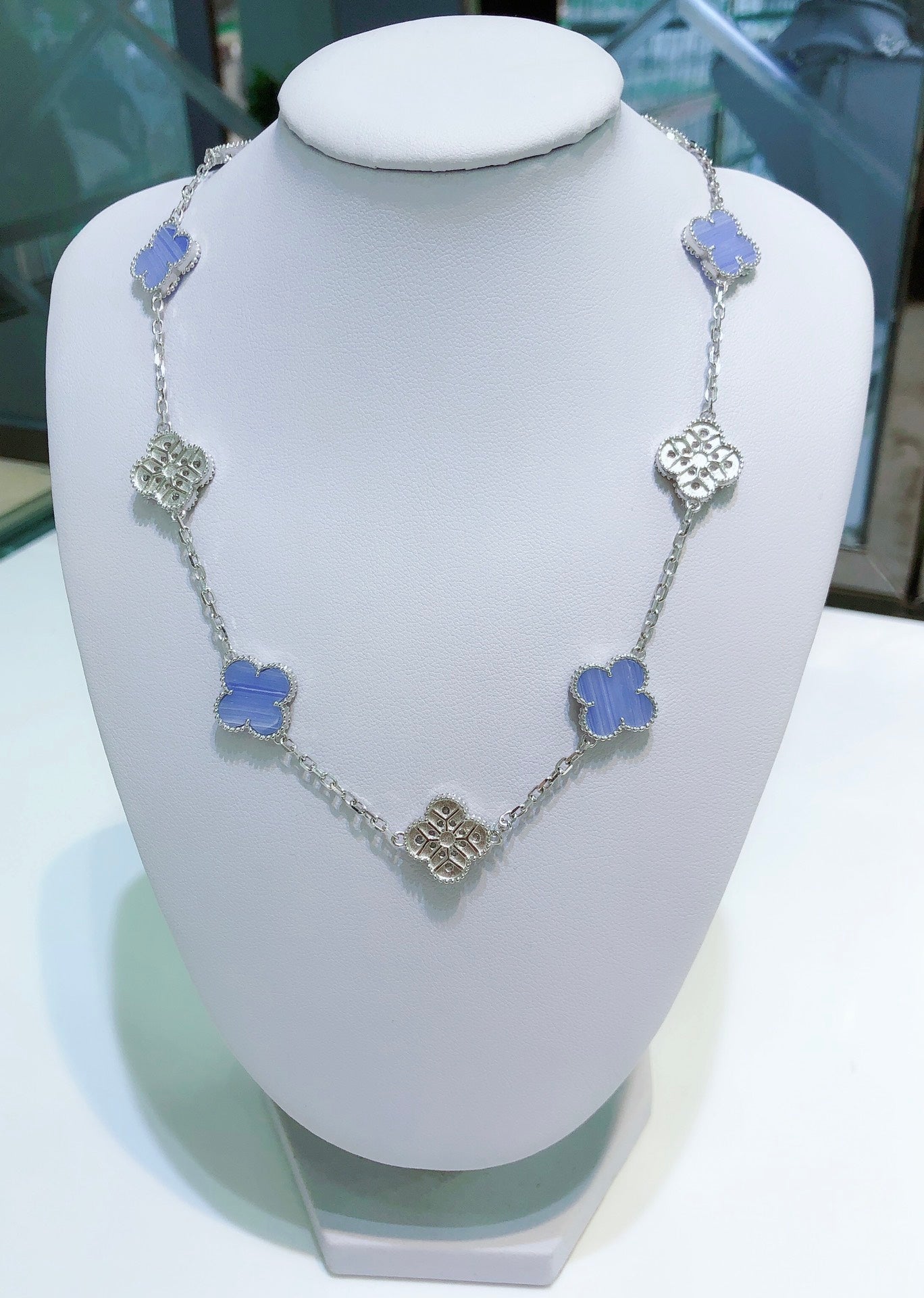 [GALE]CLOVER 10 MOTIVES CHALCEDONY DIAMONDS SILBER HALSKETTE