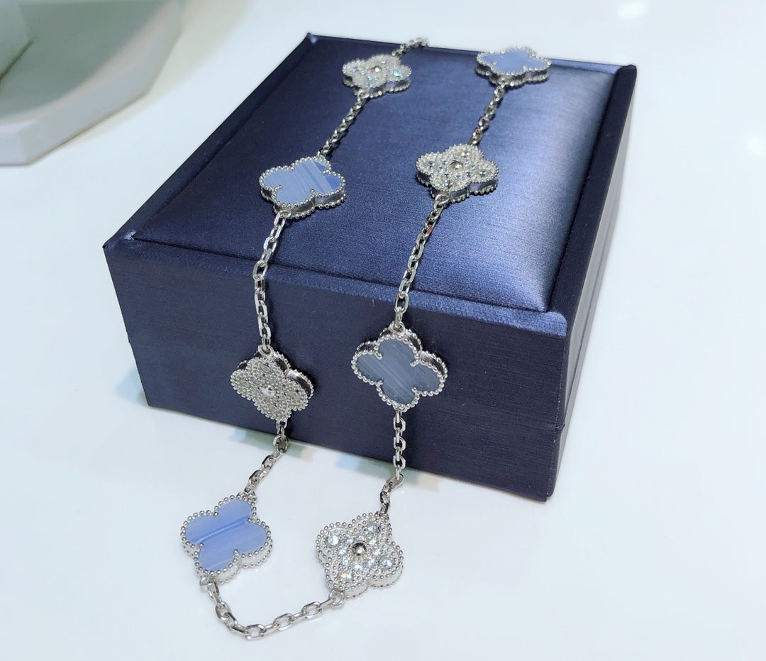 [GALE]CLOVER 10 MOTIVES CHALCEDONY DIAMONDS SILBER HALSKETTE