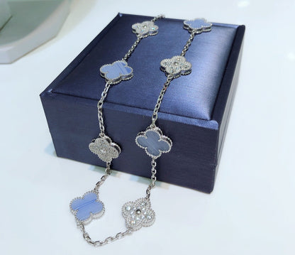 [GALE]CLOVER 10 MOTIVES CHALCEDONY DIAMONDS SILBER HALSKETTE