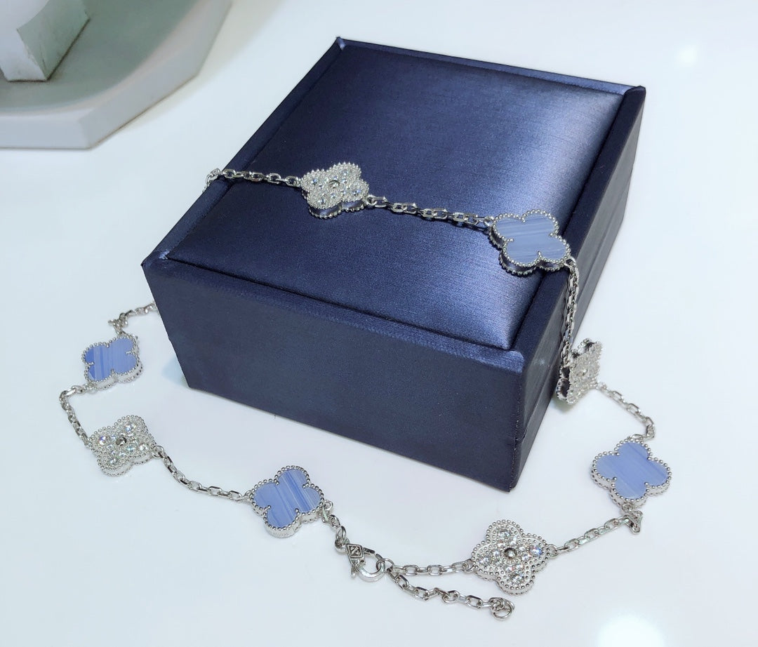 [GALE]CLOVER 10 MOTIVES CHALCEDONY DIAMONDS SILBER HALSKETTE