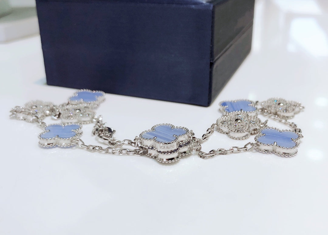 [GALE]CLOVER 10 MOTIVES CHALCEDONY DIAMONDS SILBER HALSKETTE