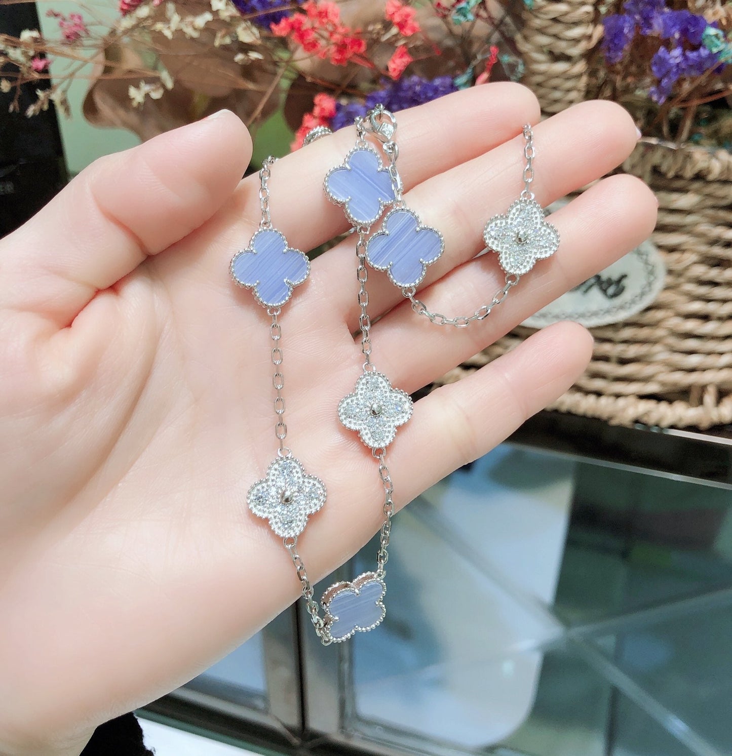 [GALE]CLOVER 10 MOTIVES CHALCEDONY DIAMONDS SILBER HALSKETTE