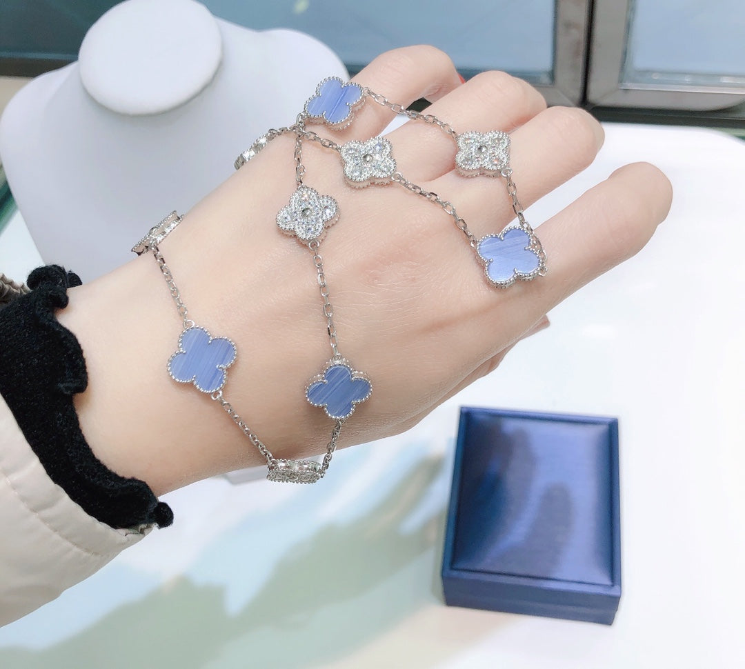 [GALE]CLOVER 10 MOTIVES CHALCEDONY DIAMONDS SILBER HALSKETTE