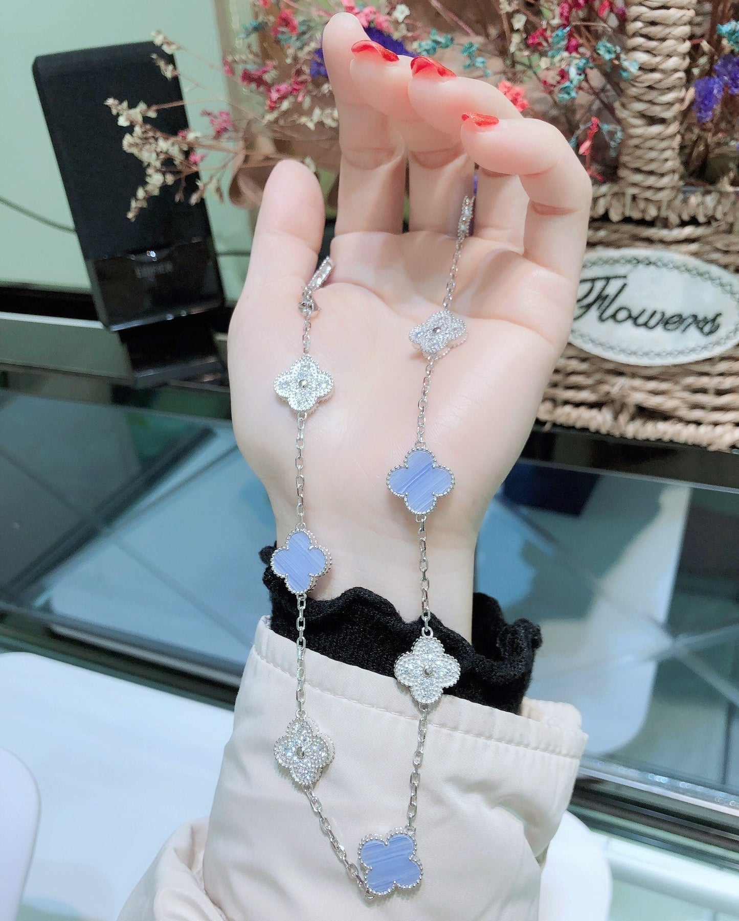 [GALE]CLOVER 10 MOTIVES CHALCEDONY DIAMONDS SILBER HALSKETTE